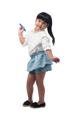 Happy Asian little girl writing on empty screen,isolated with clipping path.
