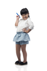 Happy Asian little girl writing on empty screen,isolated with clipping path.