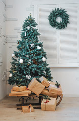 Happy New Year! Christmas decor, Christmas Background, fireplace, Christmas tree. Christmas card.
