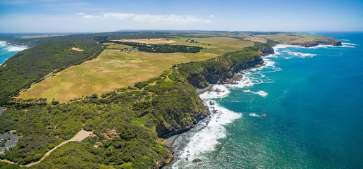 Fototapeta na wymiar Aerial view of Cape Schanck Coastline on bright summer day. Mornington Peninsula, Victoria, Australia