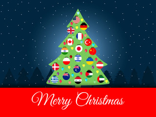 Christmas background. International Christmas tree. flags of the world. Vector illustration.