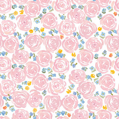 hand drawn watercolor roses and cute little flowers seamless pattern. vector floral illustration