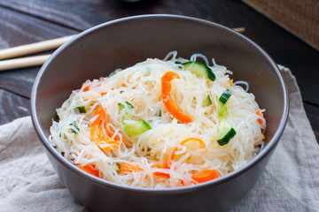 Funchoza salad with rice noodles with cucumber and pepper