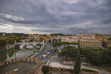 Fototapeta na wymiar Rome, Italy - October 6, 2016: Aerial view of Rome with dramatic sky.