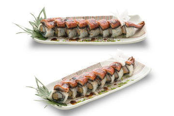 sushi unagi set with sauced slice of smoked Eel isolated on white with clipping path.