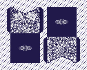 Vector wedding invitation with laser cut pattern. Laser cut envelope, laser cut design, mandala, ethnic style laser cut wedding invitation. Collection envelopes for laser cutting Mandala