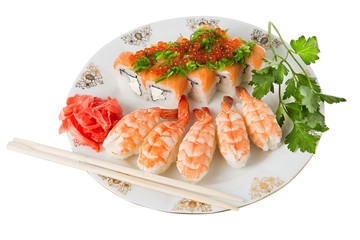 Sushi and tiger shrimps on a white background