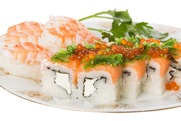 Sushi and tiger shrimps on a white background