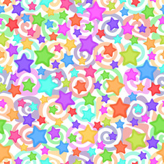 Seamless Pattern for Childish and Holiday Design, Colorful Stars and Spirals on White Background. Vector