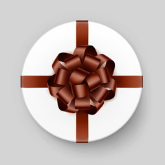 Vector White Round Gift Box with Shiny Brown Bow and Ribbon Top View Isolated on Background