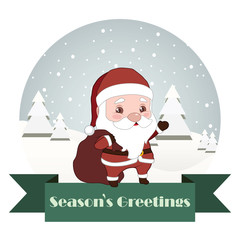 Christmas greeting and banner with Santa holding a bag full of goodies