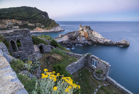 Flowers and blue sea frame the old castle and church at dawn, Portovenere, La Spezia Province, Liguria