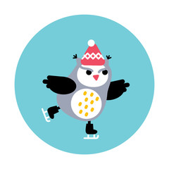 Angry owl skating on the ice rink. Vector illustration.