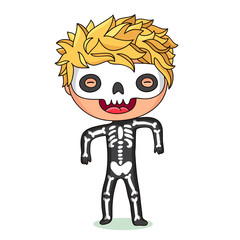 Kid dressed as a skeleton for Halloween