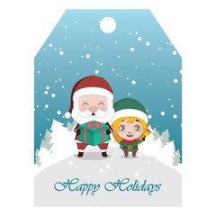 Santa and elf on snowy background gift tag