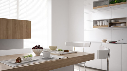 Scandinavian white kitchen with breakfast close up, minimalistic