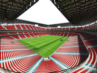 3D render of a large capacity Stadium with an open roof and red seats