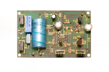 Closeup view of a vintage circuit board for a signal generator from the 1970th.