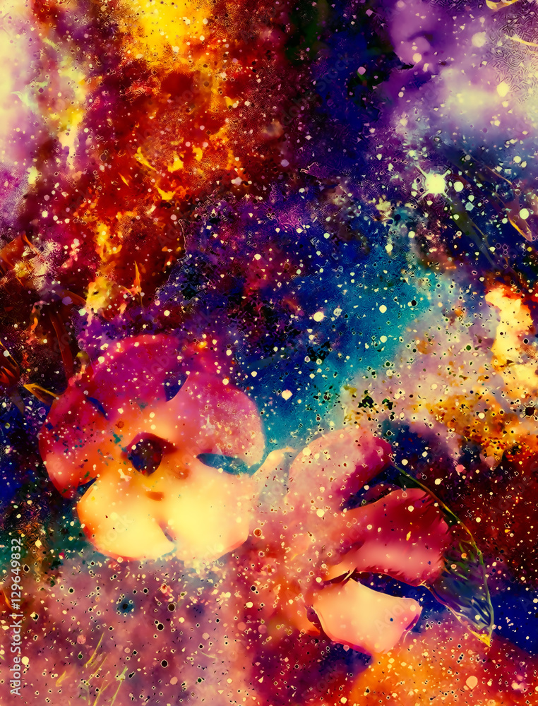 Poster abstract multicolor flower motive collage with dynamic fire effect in space.