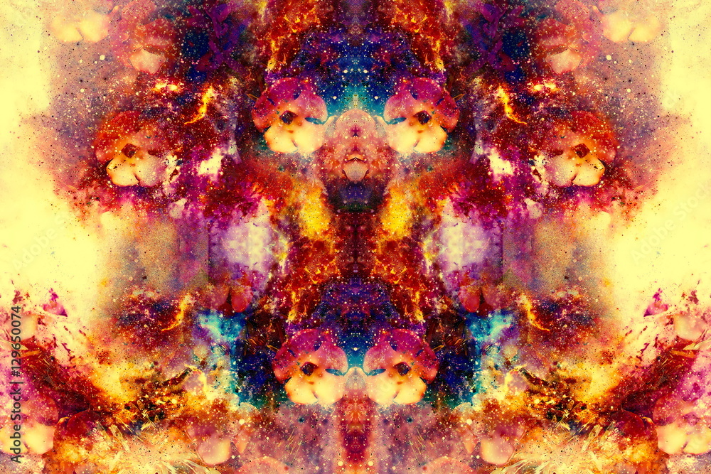 Poster abstract multicolor flower motive collage with dynamic fire effect in space.