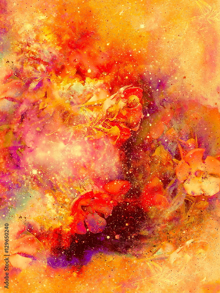 Poster abstract multicolor flower motive collage with dynamic fire effect in space.