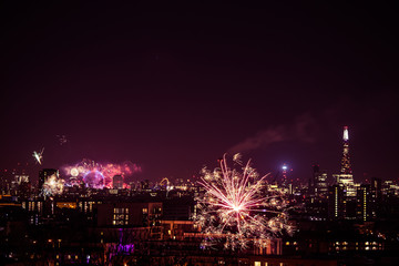 Beautiful fireworks above London. New Years Eve, view from Greenwich Point Hill 