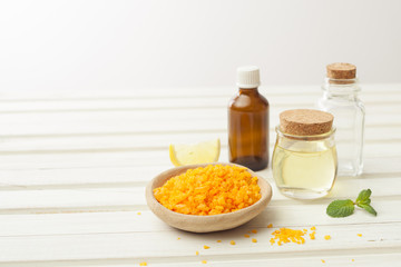 salt, cosmetic oil, ginger and lemon for preparing cosmetics at