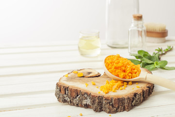 mint , salt, cosmetic oil for preparing cosmetics at home