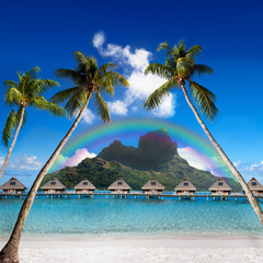 rainbow over the mountain Otemanu. Bora-Bora. Tahiti.. - obrazy, fototapety, plakaty