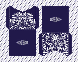 Vector wedding invitation with laser cut pattern. Laser cut envelope, laser cut design, mandala, ethnic style laser cut wedding invitation. Collection envelopes for laser cutting Mandala