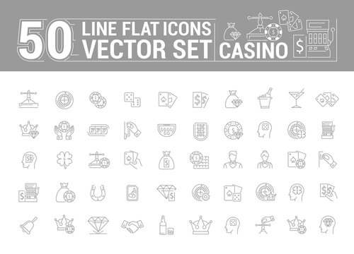 Vector graphic set of icons in flat, contour, thin and linear design. Slot machine, casino, poker. Gambling. Concept infographic for Web site and app. Online card game.