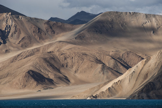 Pangong lake in Ladakh at a height of about 4350m (14270ft), 134 km (83 miles) long and extends from India to Tibet, Ladakh