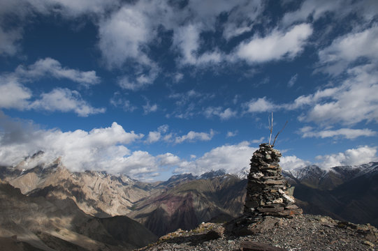 A cairn on top of the Dung Dung La in Ladakh, a remote Himalayan region in north India