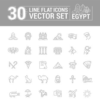 Vector graphics set. Linear, contour, thin, flat, design. Concept silhouette, Egypt. Travel to Egypt. Element, emblem, symbol, icon, sign, for web site, app, business.