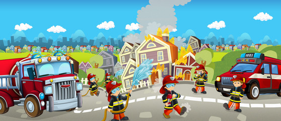 Naklejka premium Cartoon happy and funny scene with firefighters extinguishing the house - for different fairy tales - illustration for children