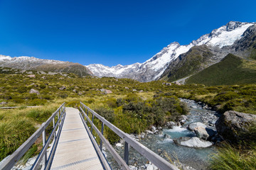 A hiking trail crosses wooden bridge over a creak high up in the mountains, South Island, New Zealand