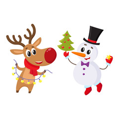 Happy snowman holding Christmas tree and funny reindeer with a garland, cartoon vector illustration isolated on white background. Deer and snowman with Christmas attributes, holiday decoration element