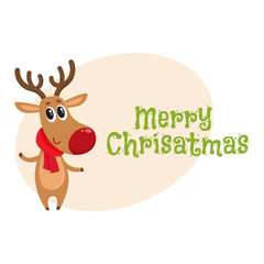 Merry Christmas greeting card template with cute and funny reindeer in red hat and scarf, cartoon vector illustration. Christmas poster, banner, postcard, greeting card design with a deer