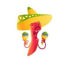 Happy chili pepper character in sombrero playing Mexican maracas, cartoon vector illustration isolated on white background. Chili pepper character in traditional Mexican sombrero playing music