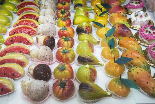 Frutta Martorana, traditional marzipan sweets, Cefalu, Sicily