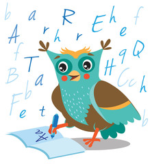 Funny Owl Learn To Write In A Notebook On A White Background. Cartoon Vector Illustrations. Owl Picture. Owl Toy. Owl Sticker.