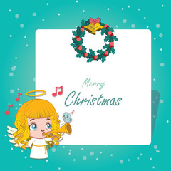 Christmas greeting card with an angel playing the trumpet