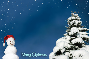 Merry Christmas background with snowman and snowflakes and snowy