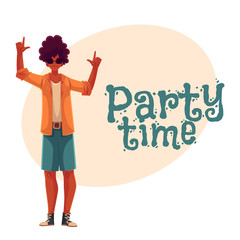 Young african american man dancing, cartoon style invitation, greeting card design. Party invitation, advertisement, Young and beautiful black man, teenager, boy dancing at a party in skirt