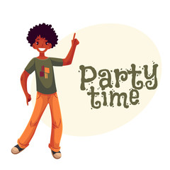 Full length portrait of african amercian teenaged boy in orange jeans dancing, cartoon style invitation, greeting card design. Party invitation, advertisement, Smiling black boy with a wide smile