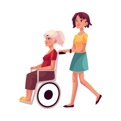 Young woman strolling grandmother in wheelchair, cartoon vector illustration isolated on white background. Granddaughter, volunteer, social worker strolling old lady sitting in wheelchair