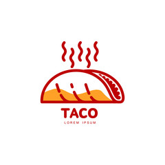 Stylized hot, freshly made Mexican taco logo template, vector illustration isolated on white background. Creative two-colored hot and spicy, Mexican taco logotype template, street food icon - obrazy, fototapety, plakaty
