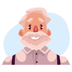Grey haired old man face, smiling facial expression, cartoon vector illustrations isolated on blue background. Old man emoji with wide smile, white teeth. Happy, glad, smiling face expression