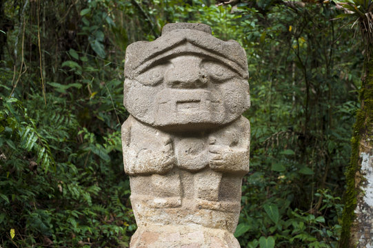 An ancient pre-Columbian stone carving at San Agustin, in the south of Colombia