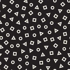 Scattered Geometric Line Shapes. Vector Seamless Black and White Pattern.